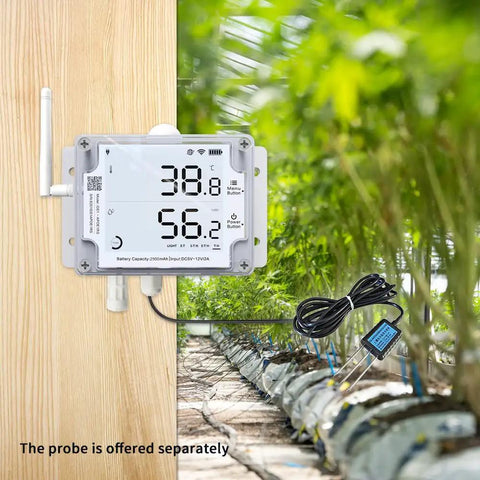 GS1 AETH1RS Ethernet and WiFi sensor with external probe for air and soil shown installed in a greenhouse measuring temperature and humidity.