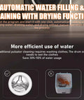 Infographic showing features of No Sweat Mini Portable Washer And Dryer Combo Runs Front Load Wash Cycle With Digital Display and water efficiency details.