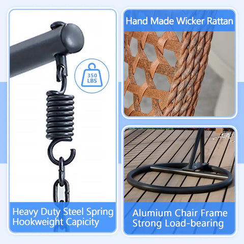 Close-up details of Egg Chair With Stand For Indoor And Outdoor Relaxation showing steel spring, wicker rattan, and aluminum frame