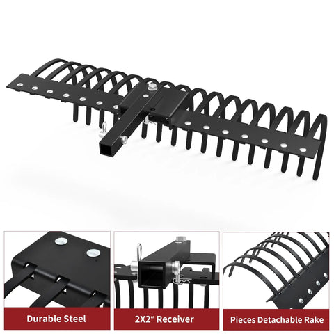 Tow Behind Landscape Rake With 48 Inch Working Width, 17 Steel Tines, 2 Inch Receiver, Fits ATV UTV And 3 Point Hitch