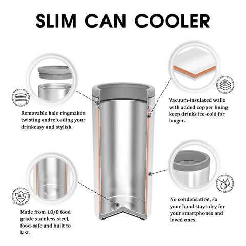 Chill Vibes While Crushing A Cold Brew With This Stainless Steel Skinny Can Cooler Fits All 12 Oz Slim Cans Features Double Walled Insulation To Stay Icy Fresh At Every Summer Hangout, revealing vacuum insulation and halo ring.