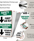 Funny First Aid Kit Metal Sign 8x12, durable aluminum decor showing features like printing layers and thickness.