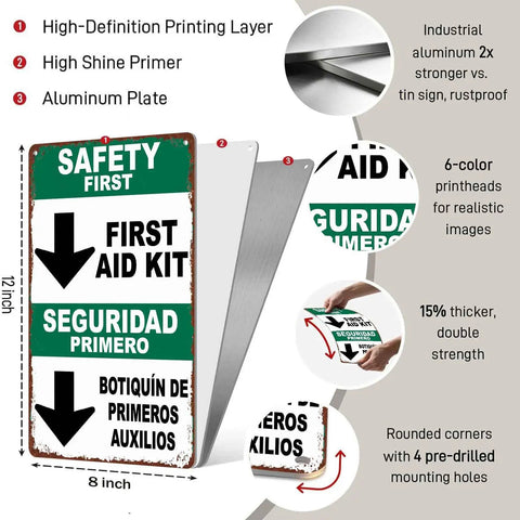 Funny First Aid Kit Metal Sign 8x12, durable aluminum decor showing features like printing layers and thickness.