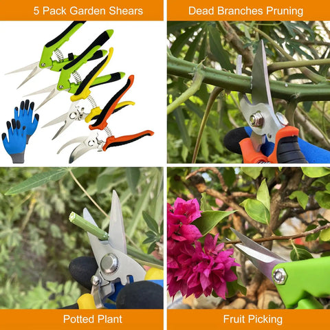 Five Pack Pruning Shears Garden Clippers with Gloves Stainless Steel Snips for Bonsai Plants and Light Branches