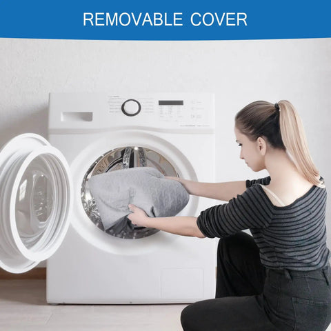 Memory Foam Camping Pad 3 Inch Thick Soft Sleeping Pad With Waterproof Cover being washed by a woman in a white washing machine