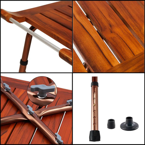 Close-up details of the No Slip Teak Shower Bench With Adjustable Height For Indoor Shower Bath And Sauna, showing teak and aluminum features.