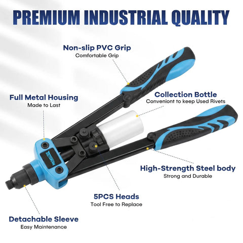 Kickass 13 Inch Manual Rivet Gun Built For The Grind With 100 Aluminum Rivets And Five Swappable Nosepieces For Gutter Repair Auto Body Work And Fabrication Ready To Roll