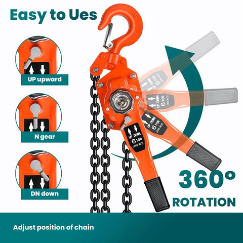 Manual Chain Hoist 6 Ton Come Along 13200 Lbs Capacity 20 Ft Lift Galvanized Carbon Steel With G80 Chain and 360 Degree Swivel Hook