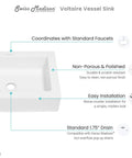 Diagram of Plaisir Ceramic Rectangular Vessel Sink For Bathroom Vanity In Glossy White Slick Above Counter Install features