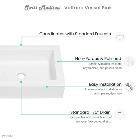 Diagram of Plaisir Ceramic Rectangular Vessel Sink For Bathroom Vanity In Glossy White Slick Above Counter Install features