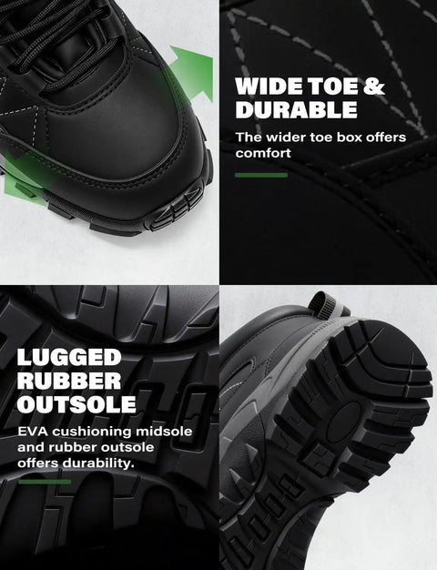 Steel Toe Work Boots For Men Waterproof Non Slip Industrial Construction Shoes Black Built For The Job Tough As Nails Outdoor Safety Footwear With Water Repellent Upper And Rugged Wear Resistant Patch For Long Lasting Protection showing close-up of wide toe, durable leather, and rugged rubber outsole.