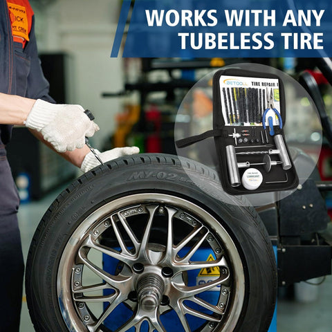Mechanic with 35 Piece Heavy Duty Universal Emergency Tire Repair Kit For Cars Trucks SUVs ATVs And More Ready To Roll