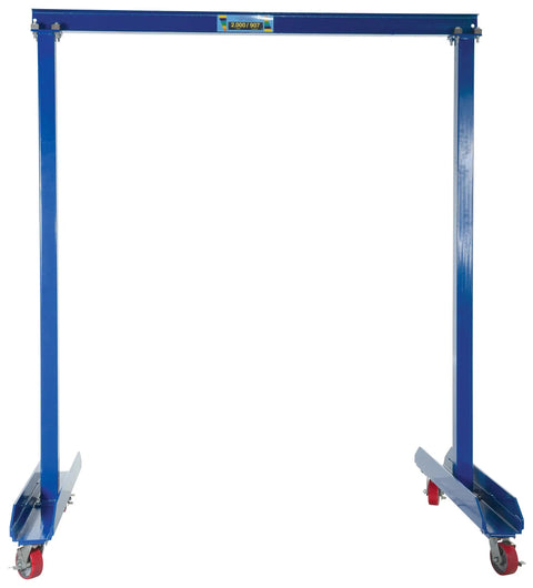 Top Shelf Portable Steel Gantry Crane For Garage Or Shop Use Featuring No Fuss Bolt Assembly Smooth Rolling Casters And A Rock Solid Two Thousand Pound Lift Capacity In Durable Blue, showcasing a blue steel frame with wheels.