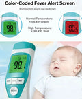Medical Grade Non Contact Forehead Thermometer For Adults And Kids With Super Fast Accurate Readings Large Color LCD Screen And Ultra Easy One Button Use For Home Health Monitoring, color fever alert display, baby shown