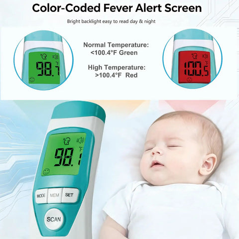 Medical Grade Non Contact Forehead Thermometer For Adults And Kids With Super Fast Accurate Readings Large Color LCD Screen And Ultra Easy One Button Use For Home Health Monitoring, color fever alert display, baby shown