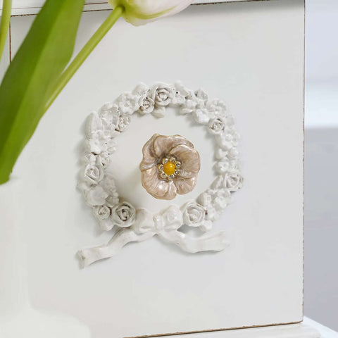 Premium Zinc Alloy Cabinet Knobs 4 Pack Featuring Floral Rhinestone Inlays Rust Resistant Drawer Pulls with beige flower design.