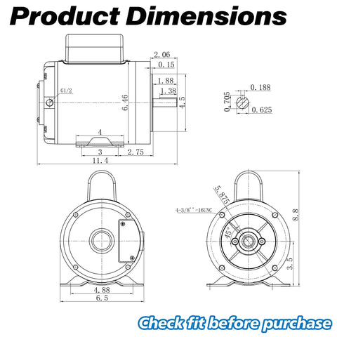Product dimensions diagram of Heavy Duty One Horsepower Boat Lift Motor With 56C C Face Rigid Base Dual Voltage Dock Hoist Winch Replacement.