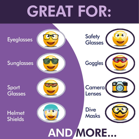 OptiSource Clear View cleaner infographic about items it cleans: eyeglasses, sunglasses, goggles, camera lenses.