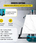 Front view of a manual tile cutter with 48-inch capacity, turquoise steel frame and tungsten carbide wheel for porcelain and tile.