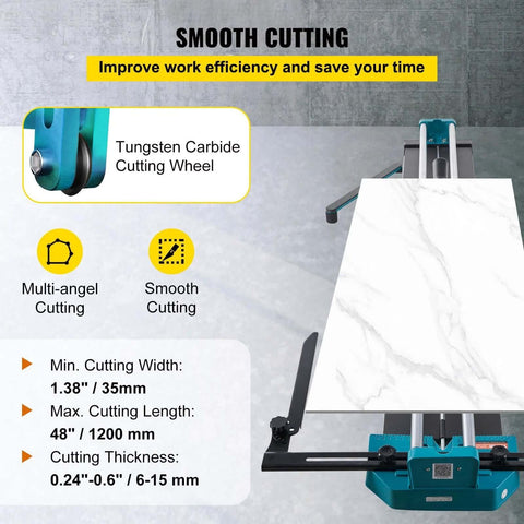 Front view of a manual tile cutter with 48-inch capacity, turquoise steel frame and tungsten carbide wheel for porcelain and tile.
