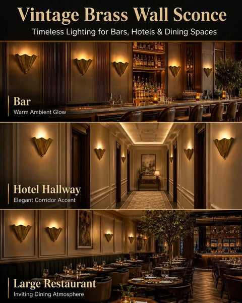 QUOLM Vintage Bronze Wall Sconce, Scalloped Uplight Wall Lamp, E26 in a bar setting with warm glow ambiance.