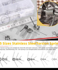 Stainless Steel Torsion Spring Kit With 45 Pieces In 15 Sizes Including 30mm 45 Degrees 40mm 90 Degrees And 50mm 120 Degrees V Shape Springs For Repair Tools Woodworking DIYers shown with a ruler and storage box.