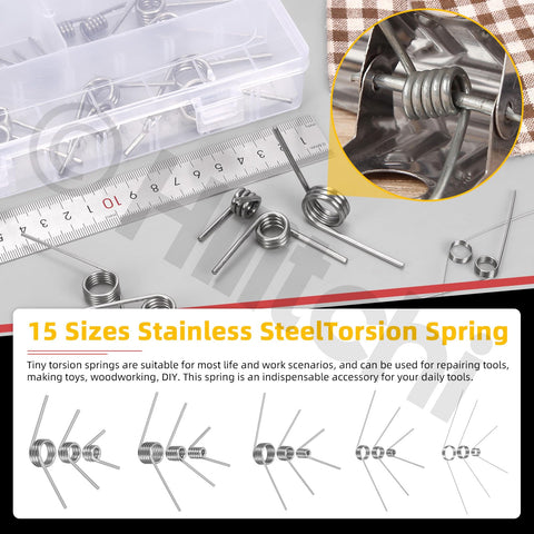 Stainless Steel Torsion Spring Kit With 45 Pieces In 15 Sizes Including 30mm 45 Degrees 40mm 90 Degrees And 50mm 120 Degrees V Shape Springs For Repair Tools Woodworking DIYers shown with a ruler and storage box.