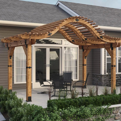Ironwood Lite 8x8 Post Base Kit Includes 1 Post Base Plate 2 Decorative Plates 4 Hex Cap Nuts OWT Timber Screws Galvanized Steel For Pergolas Decks And Outdoor Structures Compatible With Standard 8x8 Posts Durable Weather Resistant Construction installed on a pergola with curved wooden beams standing on a backyard patio