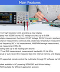 Portable Desktop Digital Multimeter With 3.5 Inch LCD Display For AC And DC Current Voltage And Temperature True RMS Readings Built For Pro Labs Instruments And Factories Ultra Thin And Lightweight For On The Go Use XDM1041 showing main features and measurements.