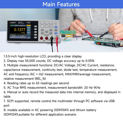 Portable Desktop Digital Multimeter With 3.5 Inch LCD Display For AC And DC Current Voltage And Temperature True RMS Readings Built For Pro Labs Instruments And Factories Ultra Thin And Lightweight For On The Go Use XDM1041 showing main features and measurements.