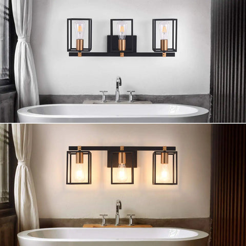 Industrial Style 3 Light Vanity Light Fixture In Black And Antique Brass With Metal Cage Frame Rustic Farmhouse Wall Sconce