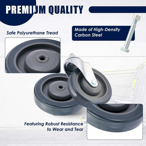 Heavy Duty 5 Inch Shopping Cart Wheels 4 Pack Polyurethane Rollers, grey wheels with secure axle bolts and wear-resistant tread.
