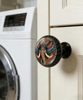 Dope Elephant Ganesha Inspired Cabinet Knobs 4 Pack Acrylic Round Drawer Pulls on white cabinet near washing machine.