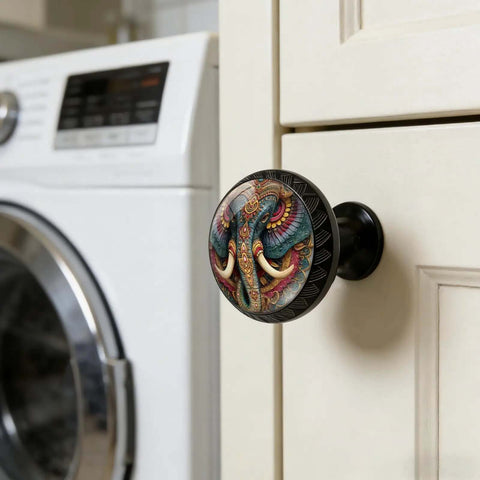 Dope Elephant Ganesha Inspired Cabinet Knobs 4 Pack Acrylic Round Drawer Pulls on white cabinet near washing machine.