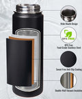 Diagram showing 24 Oz Insulated Water Bottle with Handle, 304 Stainless Steel, Wide Mouth, Double Wall Vacuum, BPA Free, Black