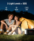 Couple camping with Portable 237Wh Solar Generator With Foldable 60W Panel, shown near tent at dusk with lighting options.