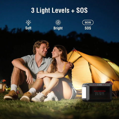 Couple camping with Portable 237Wh Solar Generator With Foldable 60W Panel, shown near tent at dusk with lighting options.
