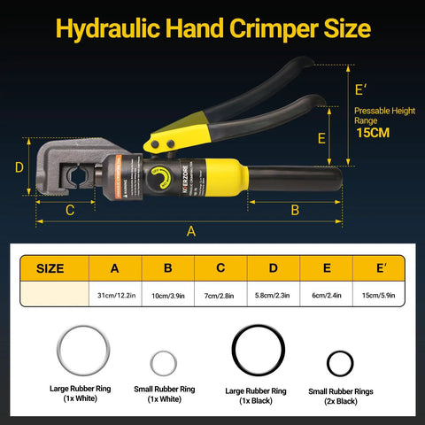 10 Ton Hydraulic Crimping Tool Kit With 8 Dies For 12 AWG To 2/0 AWG Battery Cable showing measurement details with rubber rings
