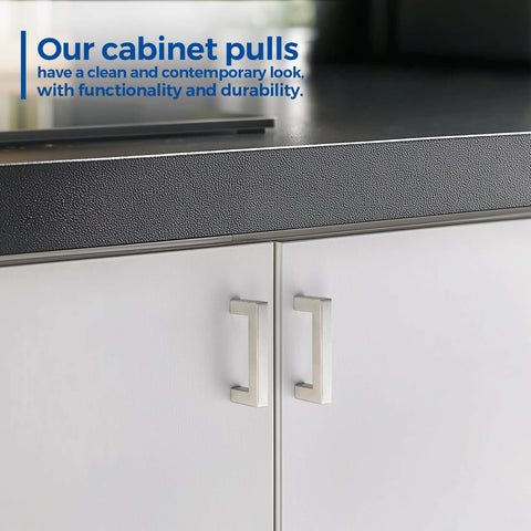 8 Pack Brushed Nickel Cabinet Handles For Kitchen Cabinets And Drawers, 3 Inch Hole Centers installed on white cabinet doors