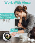 Woman in kitchen interacting with voice-activated smart device displaying Outdoor No-Fuss Security Camera 1080P WiFi footage