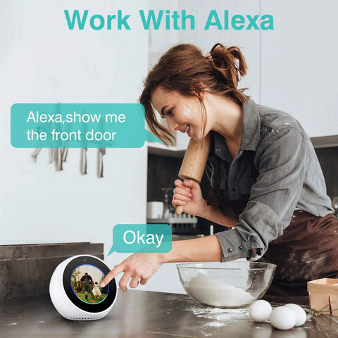 Woman in kitchen interacting with voice-activated smart device displaying Outdoor No-Fuss Security Camera 1080P WiFi footage