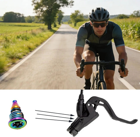Hella Durable Titanium Bleed Screws With Precision Leak Proof O Rings For Hydraulic Disc Brakes Road And Mountain Bike Trail Ready Slick Direct Fit Upgrade Kit shown with bike brakes.