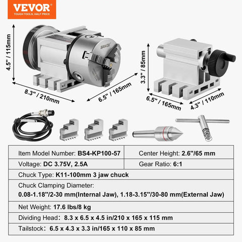 Heavy Duty Dividing Head With K11 3 Jaw Chuck And Mt2 Tailstock 4Th Axis A Axis Rotary Indexing Head For Cnc Milling Machine dimensions and accessories.