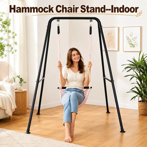 Heavy Duty Hammock Chair Stand 440 Lb Capacity Foldable Swing Frame with woman seated indoors