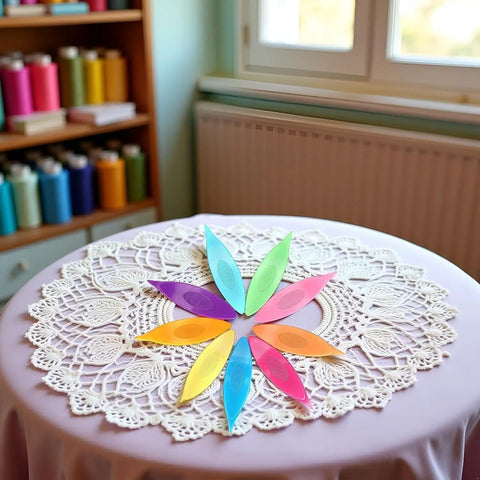 Nine Colorful Plastic Tatting Shuttles Set for Lace DIY Hand Lacemaking Craft on a lace tablecloth in a crafting room.