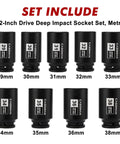 1/2 Inch Drive Deep Impact Socket Set, 9 Piece Metric Range 29mm Through 38mm, black oxide finish displayed in a row