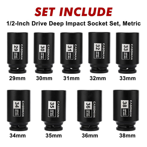 1/2 Inch Drive Deep Impact Socket Set, 9 Piece Metric Range 29mm Through 38mm, black oxide finish displayed in a row