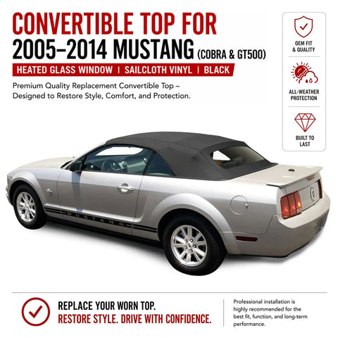 Ford Mustang Convertible Top Replacement For 2005 To 2014 With Sailcloth Vinyl Soft Top Heated Glass Window Black OEM Upgrade And DOT Approved Glass Window Your Ride Ready installed side view