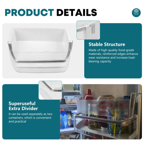 Right Door Bin for Kenmore Elite LG Refrigerators No Fuss Food Grade ABS Door Shelf Replacement With Adjustable Dividers Fits AAP73252202 04 06 09 11 Models Durable Shelf Bin By Fetechmate showing stable structure and extra divider.