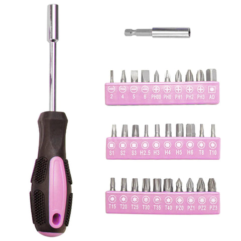 Versatile screwdriver with multiple pink bits from Light Pink Go To Home Tool Set Kit With Storage Case For Easy DIY Fixes